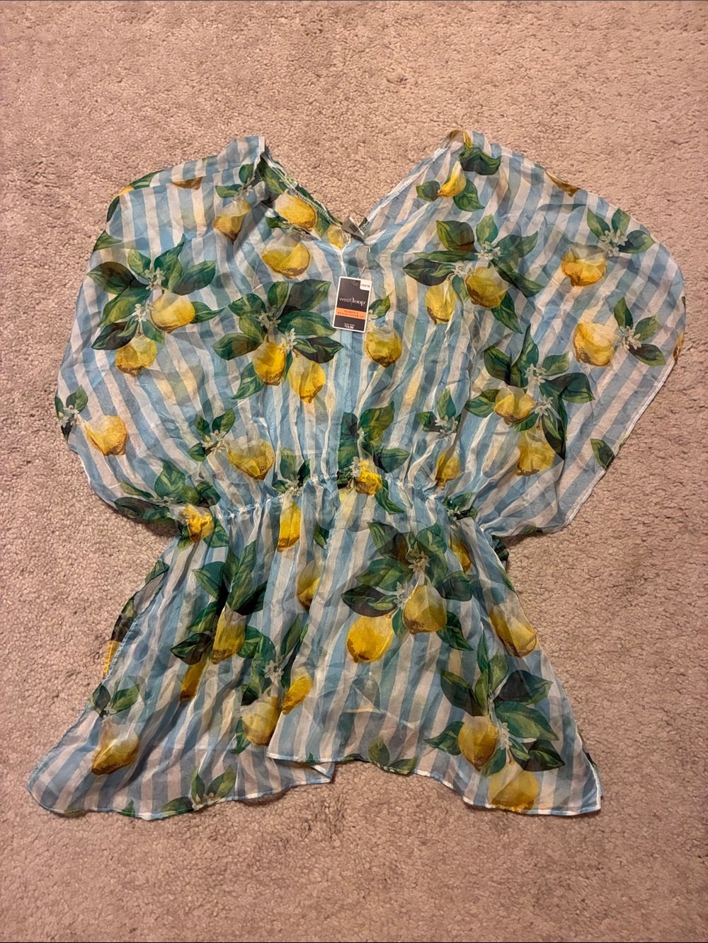 west loop Blue & Yellow Lemon-Print Sheer Tie-Waist Swim Coverup
